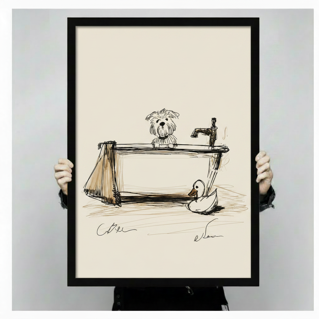 Hand-held black framed dog in bathtub sketch art print showing full artwork detail and print quality