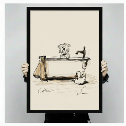 Hand-held black framed dog in bathtub sketch art print showing full artwork detail and print quality