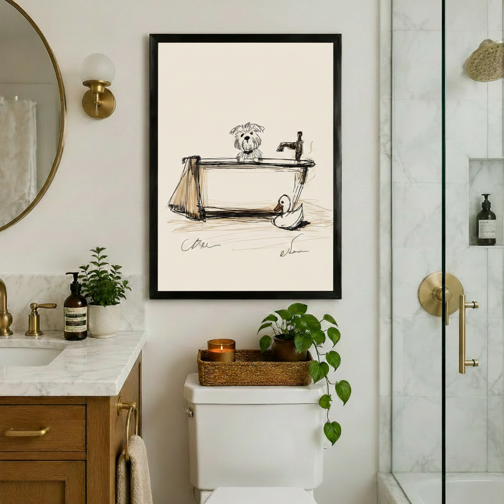 Black framed dog bathtub sketch wall art print in luxury bathroom with gold fixtures marble vanity and glass shower