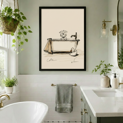 Black framed dog in bathtub sketch print in sage green bathroom with subway tile freestanding tub and hanging plants