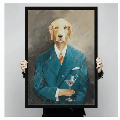  Dog wall art featuring a blue-suited character holding a martini, presented in a black frame