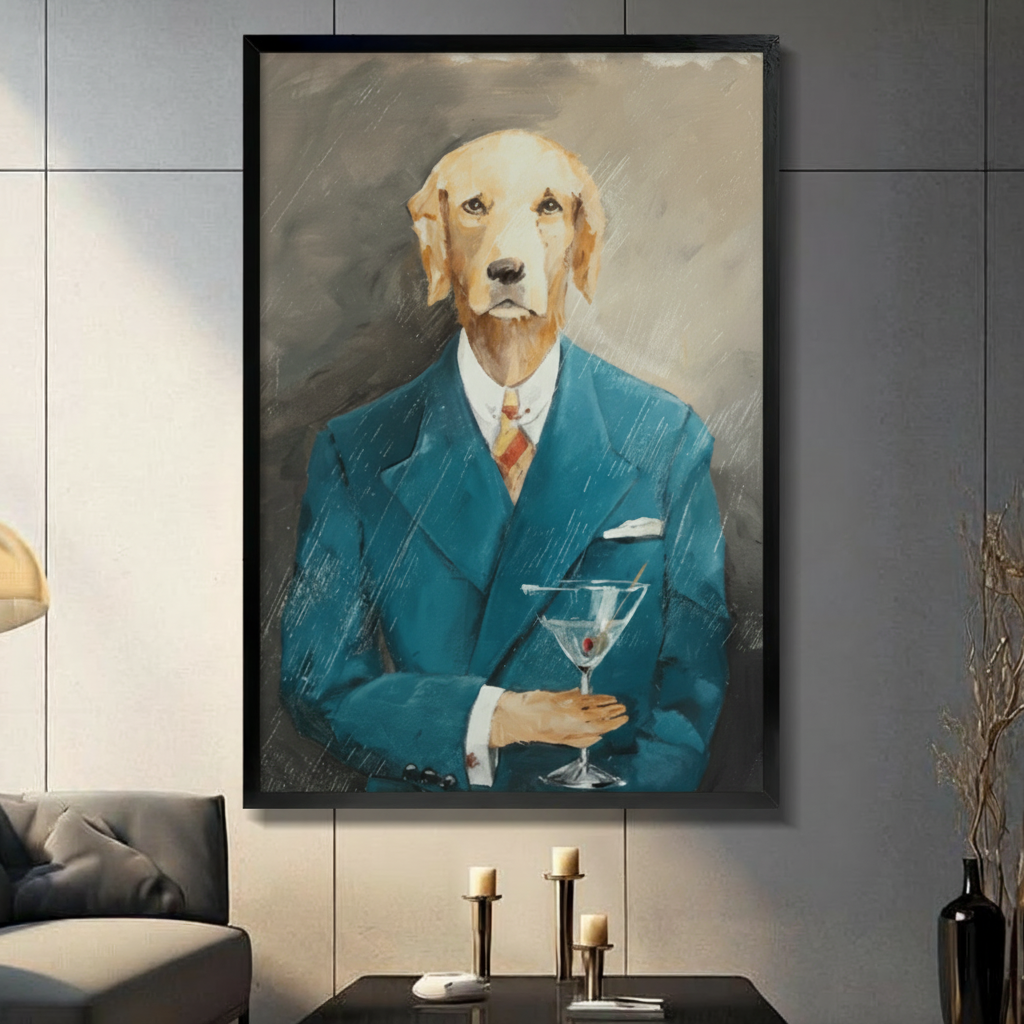  Dog portrait wall art featuring a gentleman in a blue suit holding a martini glass in a modern living room