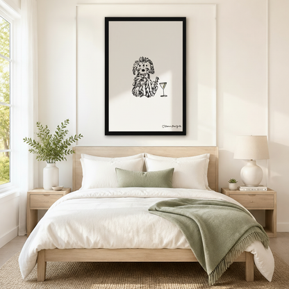 Framed minimalist dog with martini glass ink drawing centered above bed as statement wall art in Scandinavian bedroom