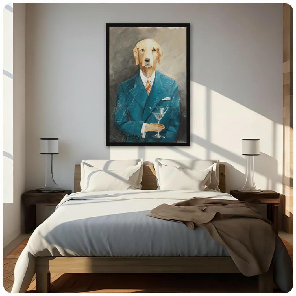  Dog portrait wall art with a martini glass styled above a bright contemporary bedroom⠋