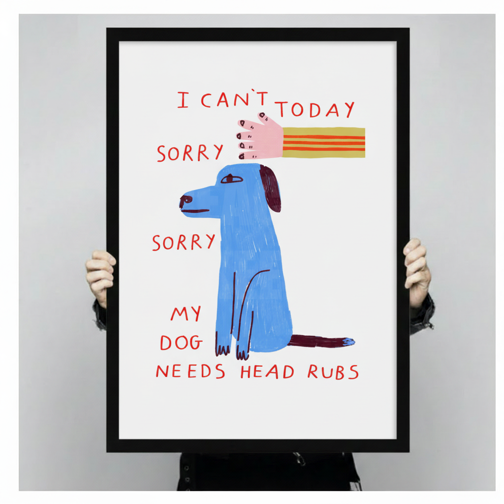 Funny dog needs head rubs canvas wall art held by two hands — folk art blue dog illustration in black frame ready to hang