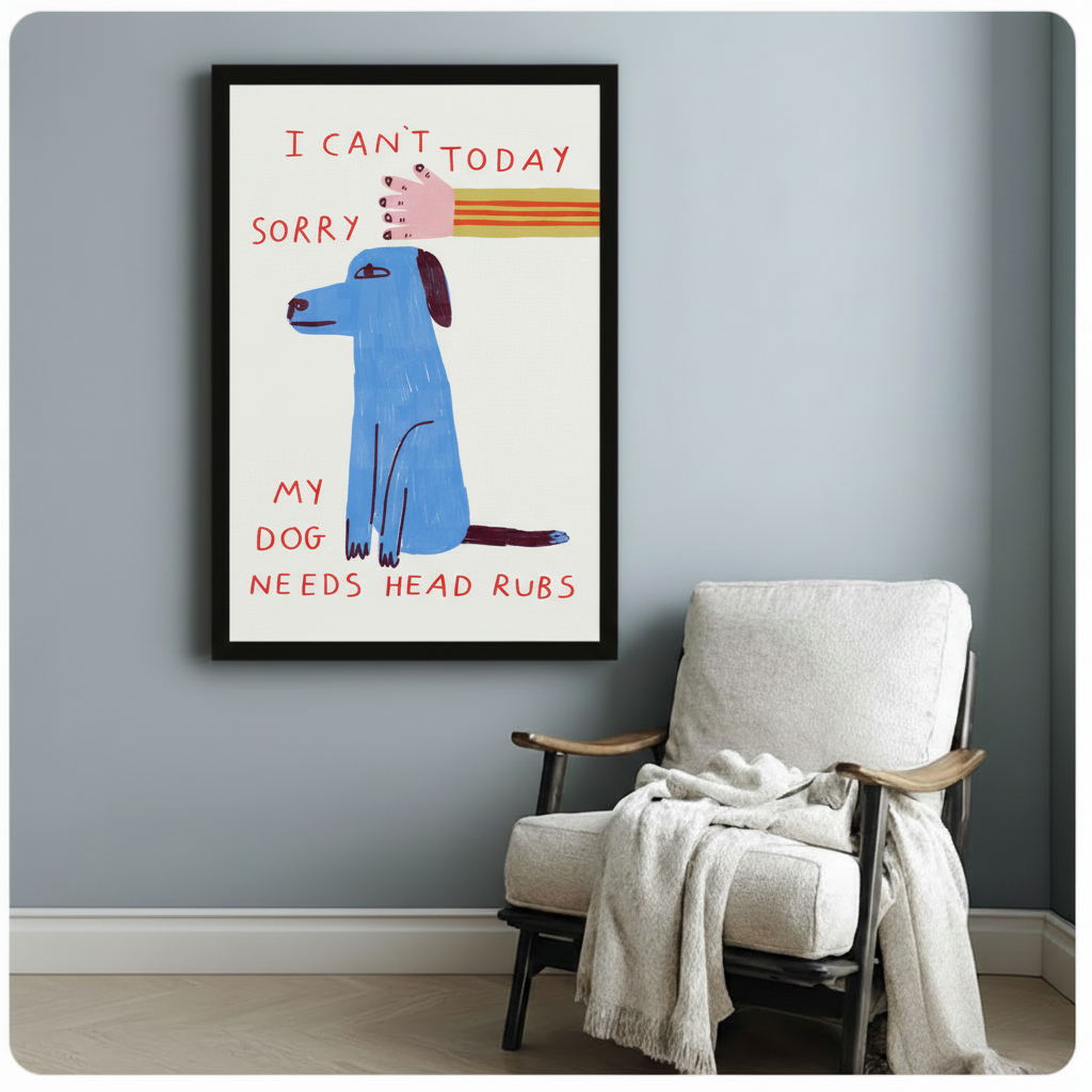 I Can't Today dog canvas print on blue-gray wall beside white armchair — humorous folk art dog lover wall decor in black frame