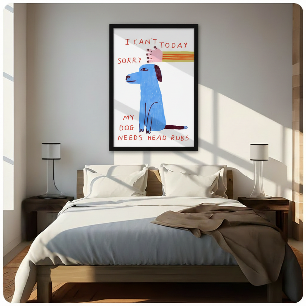 I Can't Today My Dog Needs Head Rubs canvas print — quirky blue dog wall art in black frame displayed in cozy bedroom above bed