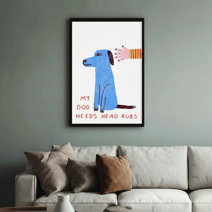Dog needs head rubs canvas detail page scene — funny blue dog folk illustration framed print styled in beige living room with green sofa