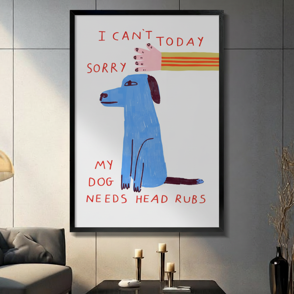 I Can't Today My Dog Needs Head Rubs framed canvas wall art — funny blue dog folk illustration in black frame hanging on gray wall with candle holders