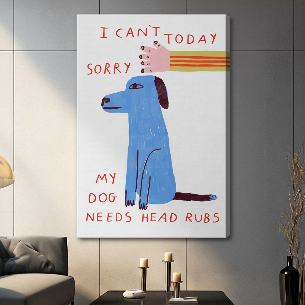 Funny dog head rubs stretched canvas print — frameless gallery wrap folk art blue dog illustration on gray wall in modern living room