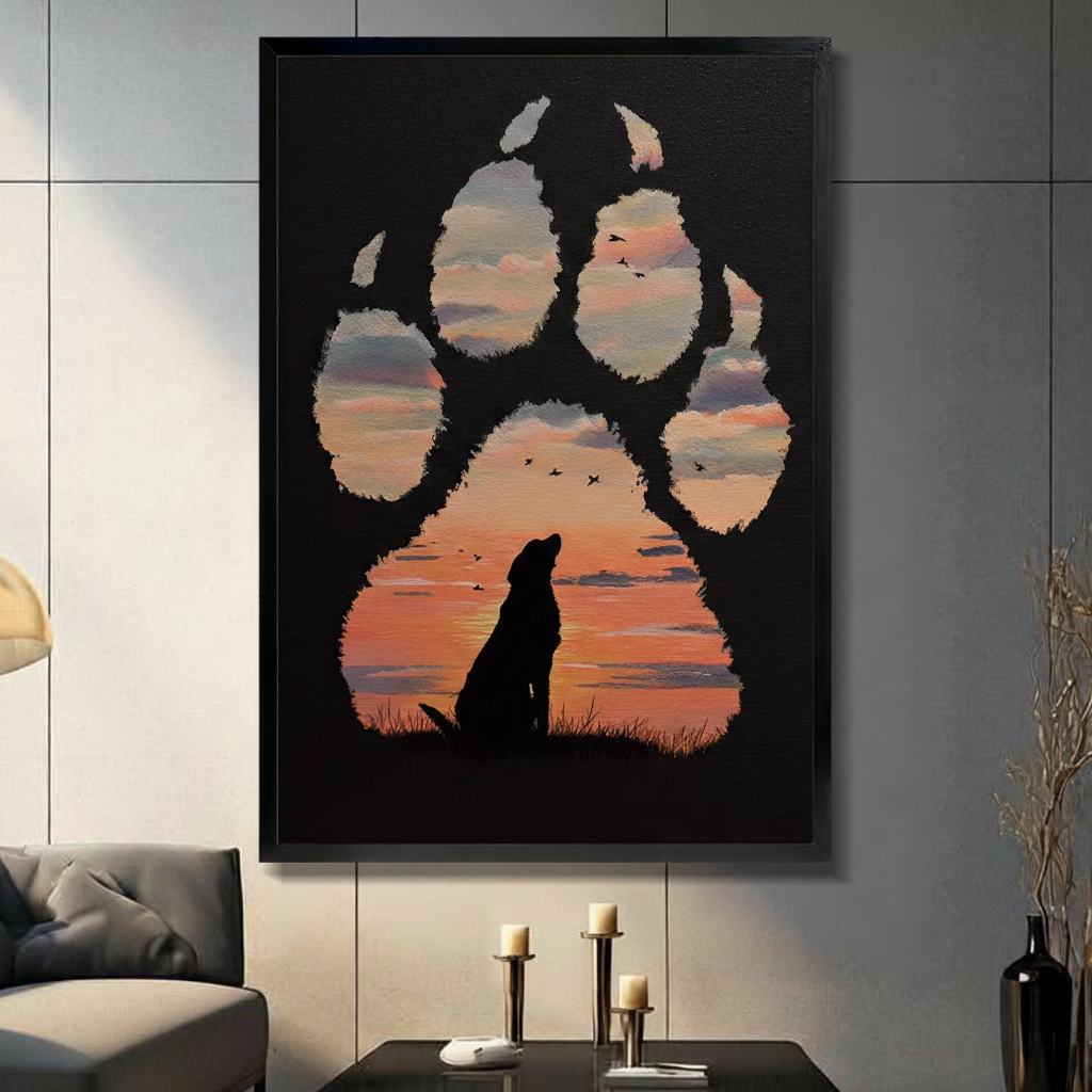 Black Labrador silhouette sitting in grass inside giant dog paw print double exposure oil painting in black frame on grey panel wall – orange red sunset flying birds canvas wall art for living room