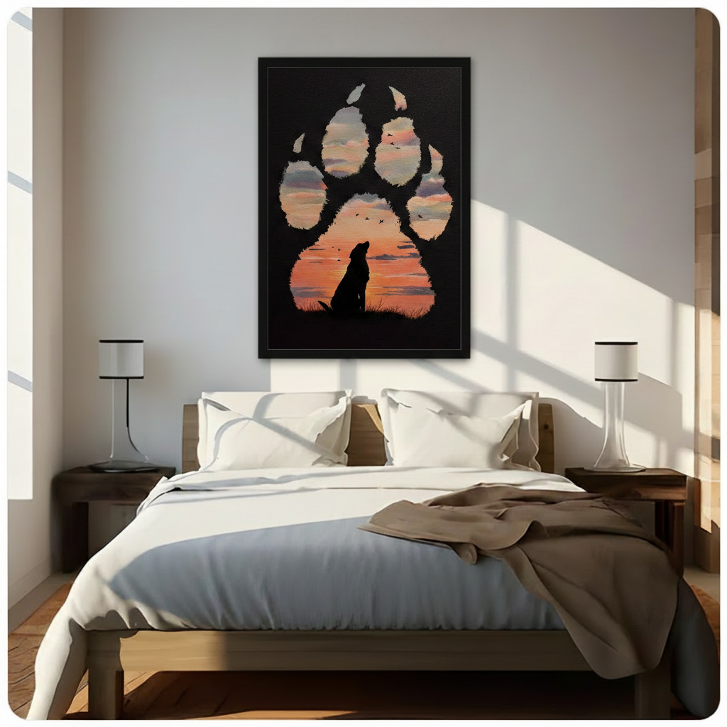 Framed black Labrador silhouette sitting in grass inside dog paw print with orange sunset sky and birds double exposure oil painting above dark wooden bed in sunlit bedroom – black background emotional dog canvas wall art for bedroom decor