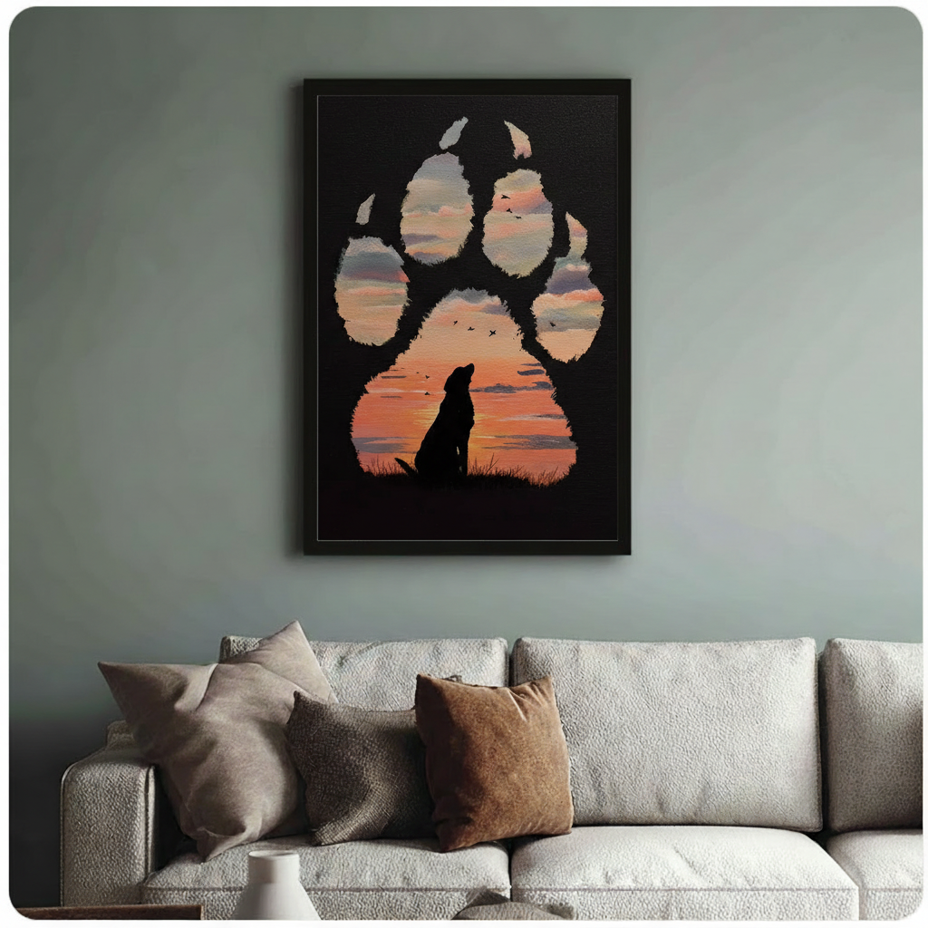 Framed black Labrador silhouette in dog paw print with orange red sunset and birds double exposure oil painting above cream textured sofa on sage green wall – black background emotional dog canvas wall art for living room decor