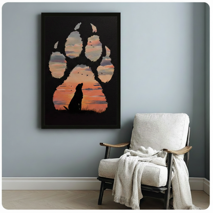 Black Labrador silhouette inside dog paw print shape framed double exposure oil painting beside white linen wood armchair on blue grey wall – orange sunset flying birds black background dog canvas art for reading corner