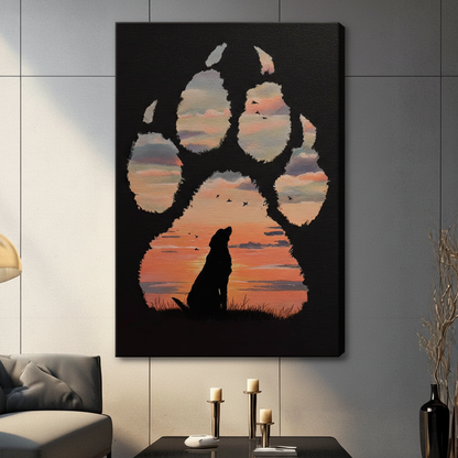 Frameless black Labrador silhouette inside dog paw print shape with orange sunset sky and flying birds double exposure oil painting on grey panel wall – black background dramatic dog canvas print for contemporary living room