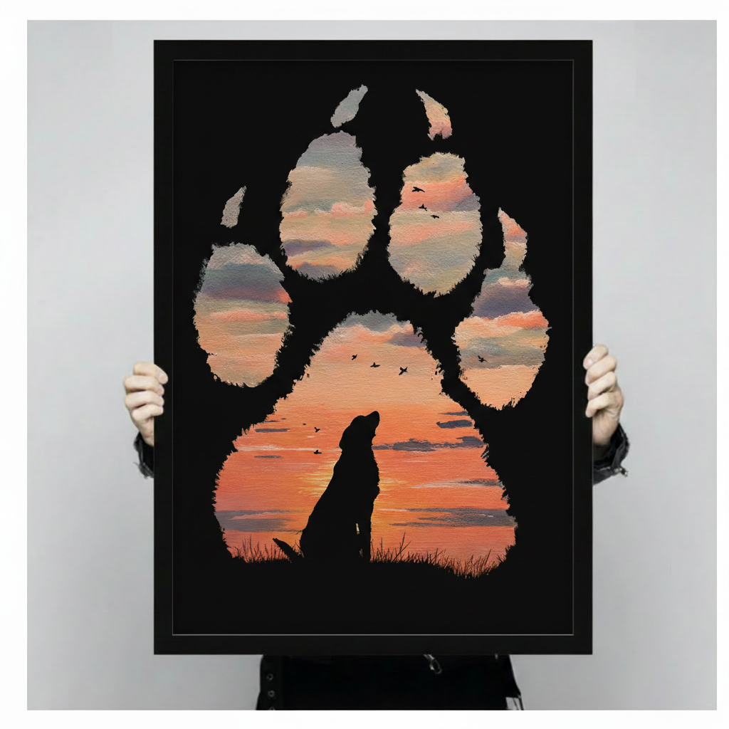 Person holding framed black Labrador silhouette inside giant dog paw print with orange red sunset and flying birds double exposure oil painting canvas – black background dramatic dog wall art size reference