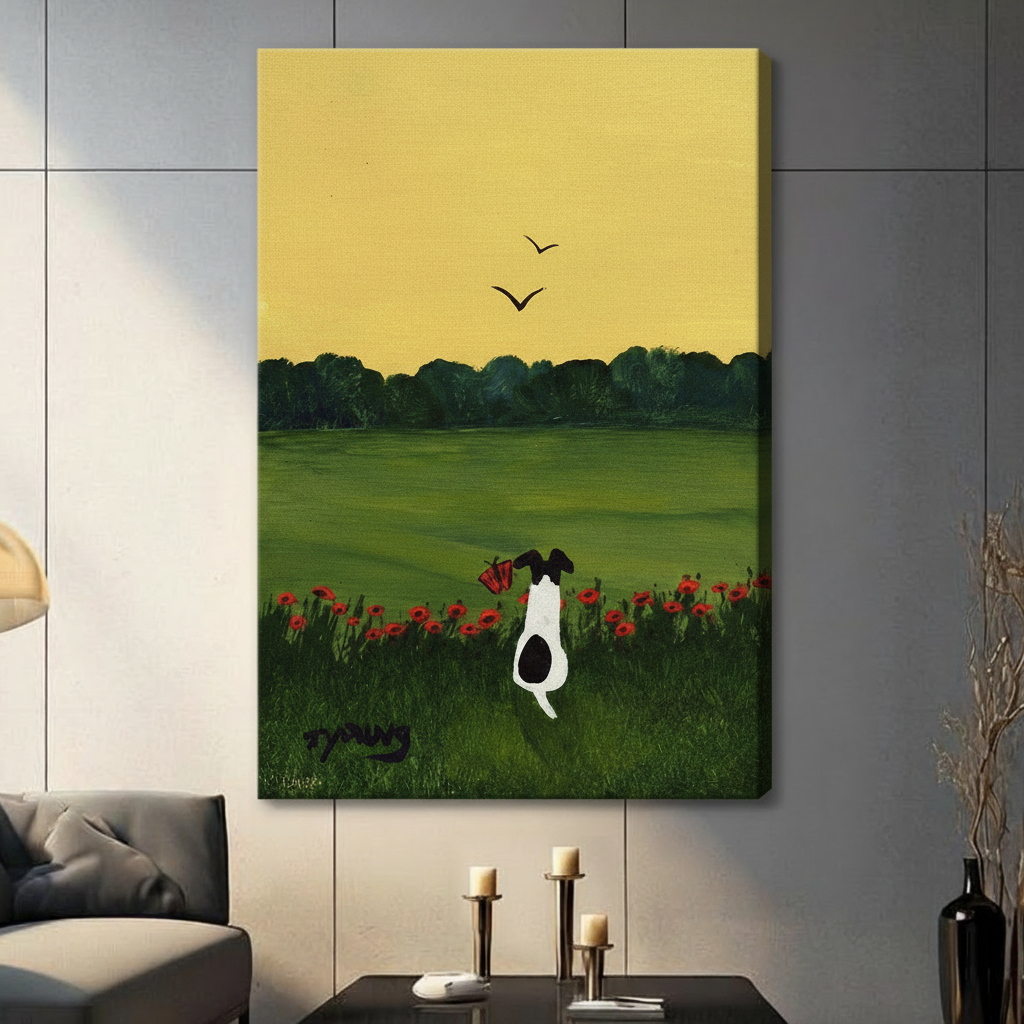 Canvas wall art of dog in blooming red poppy meadow under golden yellow sky displayed on light gray wall