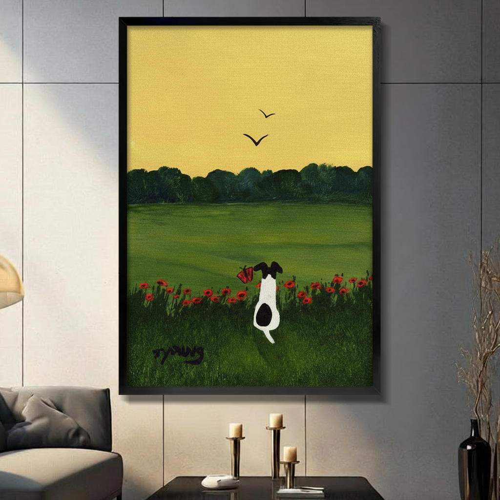 Framed wall art print of black and white dog sitting in red poppy field with yellow sky in modern living room