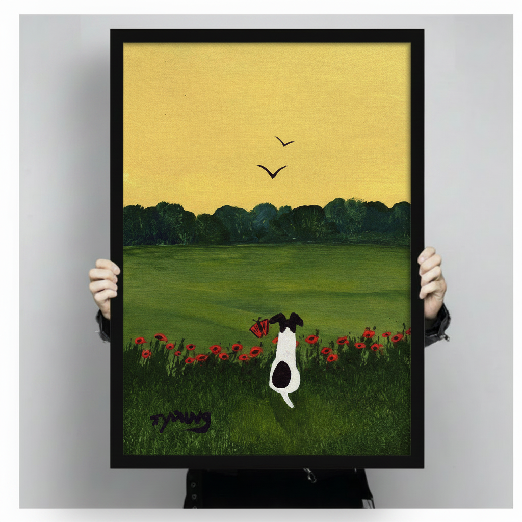 Person holding large black framed dog in poppy field wall art print showing artwork size and print detail