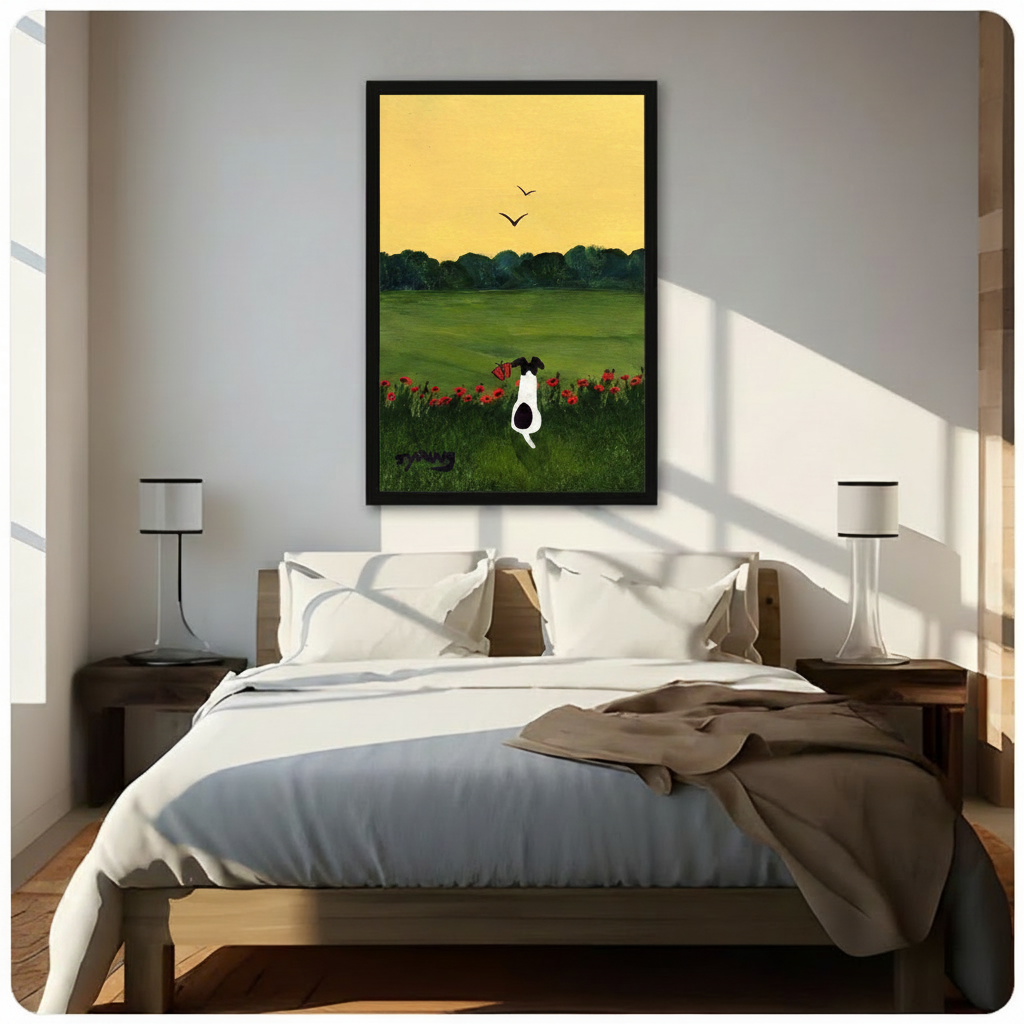 Black framed dog sitting in red poppy field art print with golden sky above bed in bright Scandinavian bedroom