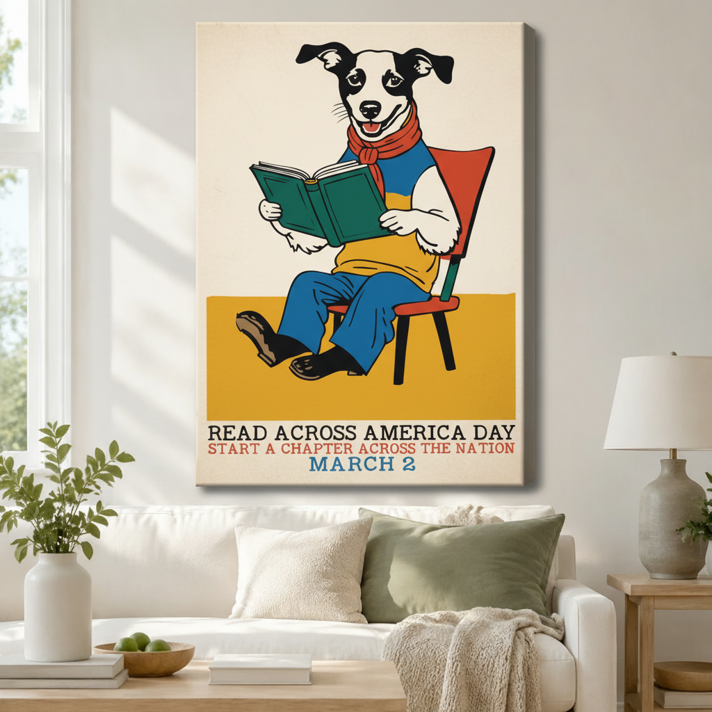 Gallery-wrapped canvas of a dog reading a book hung above a white sofa in a cozy living room – Read Across America Day poster print