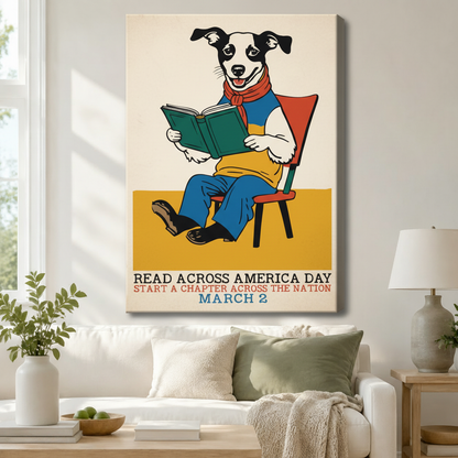 Gallery-wrapped canvas of a dog reading a book hung above a white sofa in a cozy living room – Read Across America Day poster print
