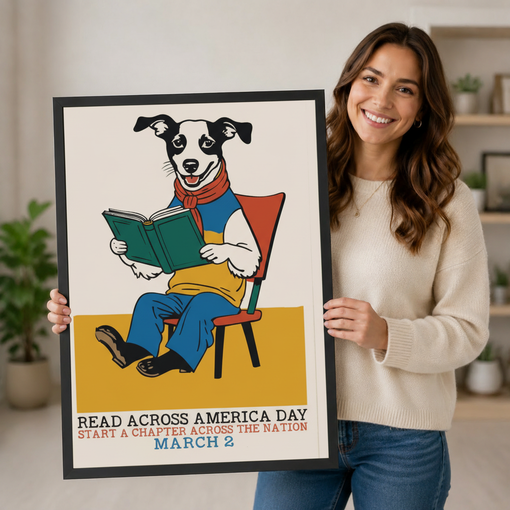 Woman holding a large black-framed dog reading book poster art print – Read Across America Day March 2 whimsical dog wall decor