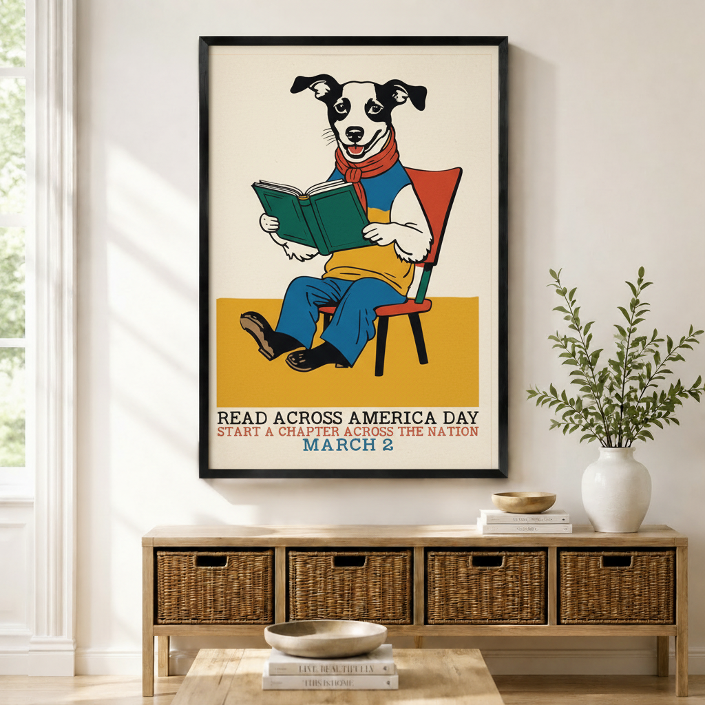 Framed dog reading book poster art displayed above a wooden console in a bright living room – Read Across America Day March 2 wall art
