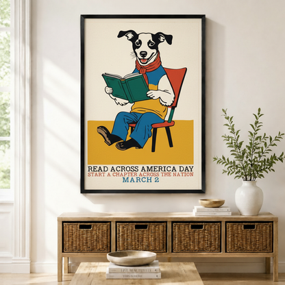 Framed dog reading book poster art displayed above a wooden console in a bright living room – Read Across America Day March 2 wall art