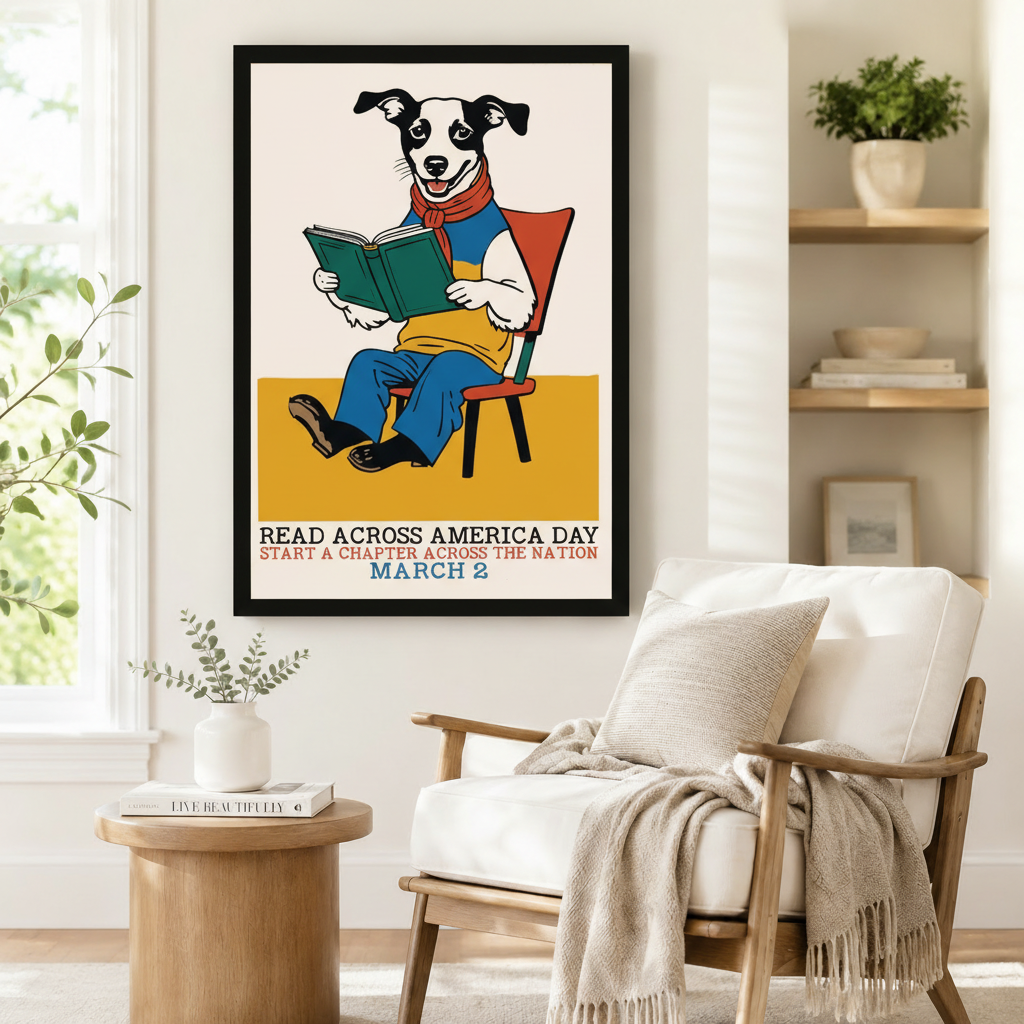 Black-framed dog reading book wall art in a Scandinavian-style reading nook beside a linen armchair – March 2 Read Across America print