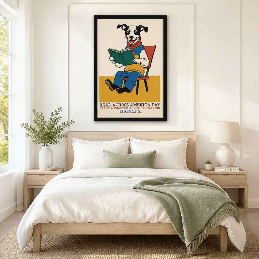 Framed dog reading book vintage-style poster art above a neutral-toned bed in a minimalist bedroom – Read Across America Day wall art print