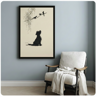 Black and cream framed wall art of a terrier silhouette watching birds on a branch, styled above a linen armchair against a soft blue wall