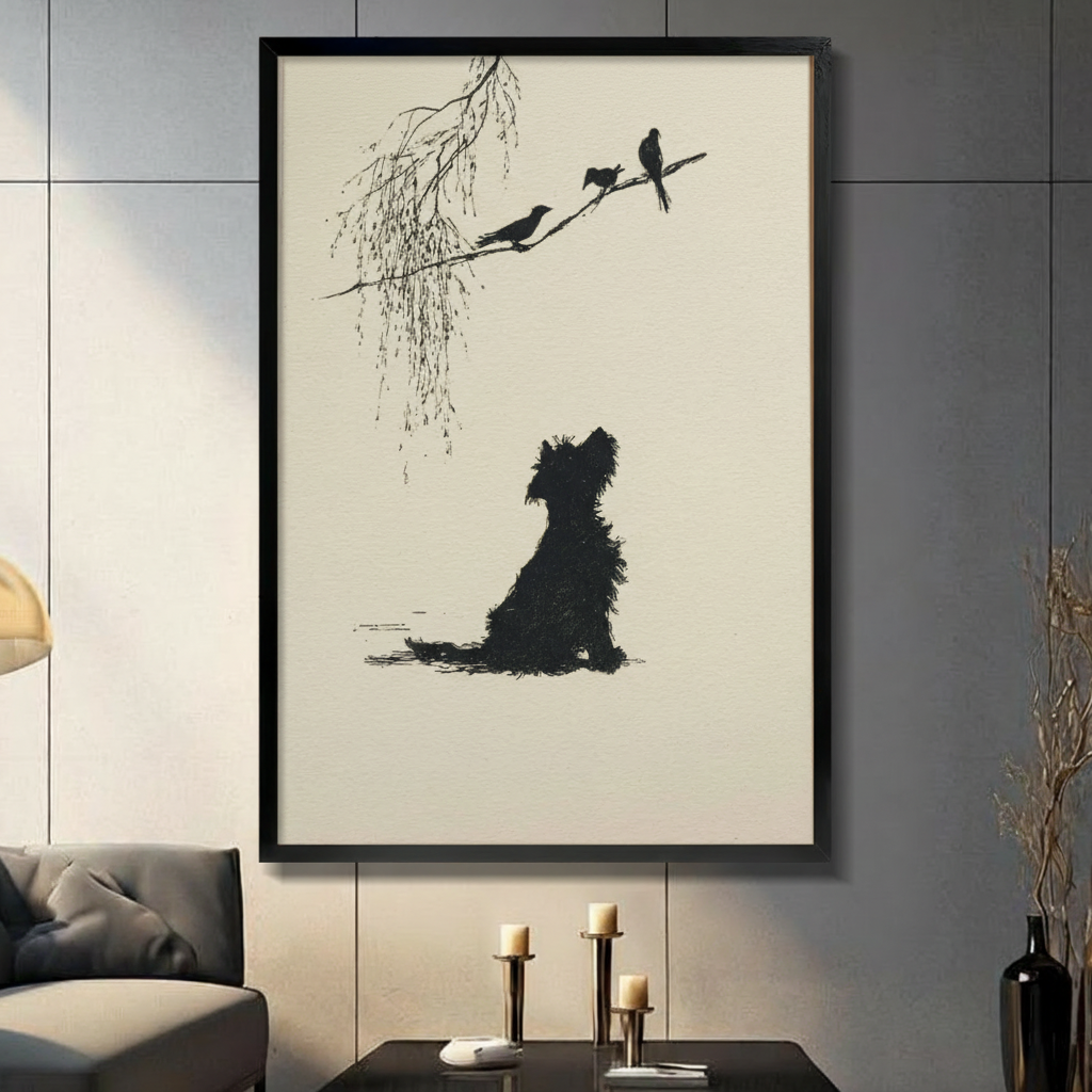 Framed black silhouette wall art of a fluffy dog gazing at birds perched on a willow branch, displayed in a modern dark living room