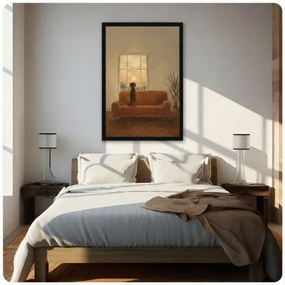 Framed dog on orange sofa gazing at sunset window oil painting above bed in sunlit modern bedroom – moody warm tone pet canvas wall art for bedroom decor