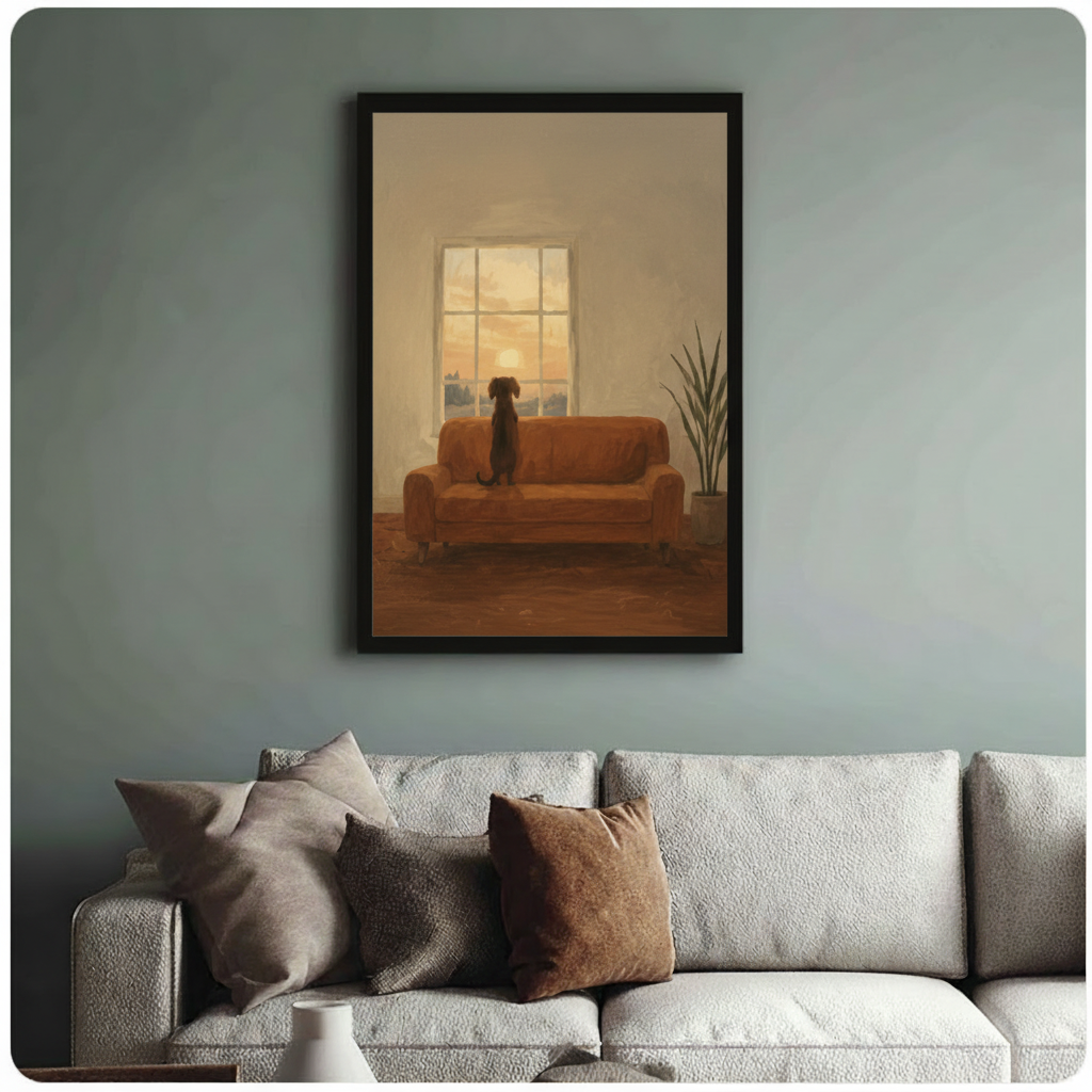 Framed dog watching sunset oil painting canvas above linen sofa on sage blue wall – moody warm brown pet portrait wall art for living room