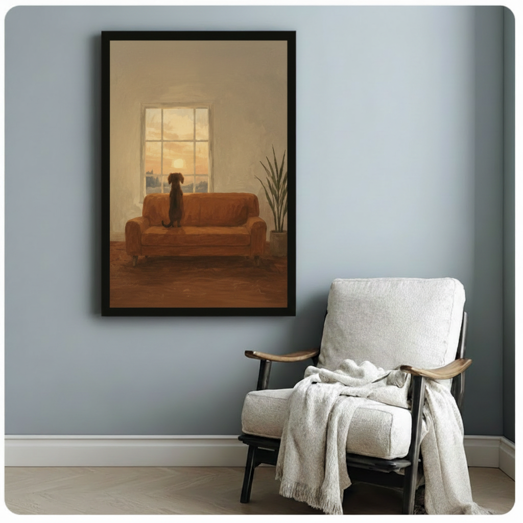 Dog on sofa sunset window framed oil painting beside white linen armchair on blue-grey wall – contemplative pet canvas art for reading nook or hallway