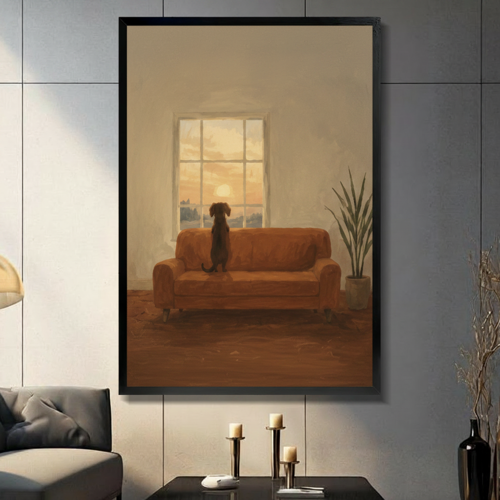 Melancholic dog sitting on orange sofa watching sunset through window oil painting in black frame – warm brown tonal canvas wall art for living room
