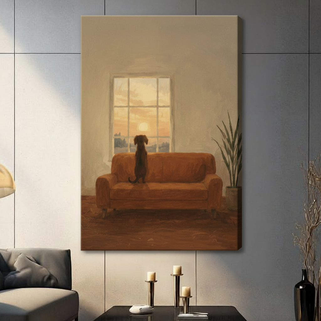 Frameless dog on sofa gazing at sunset window oil painting canvas print – minimalist warm tone pet wall art for contemporary living room decor
