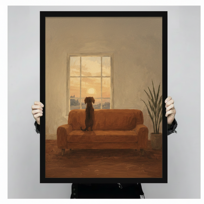 Hands holding framed dog watching sunset through window oil painting canvas – warm brown minimalist pet wall art size reference display
