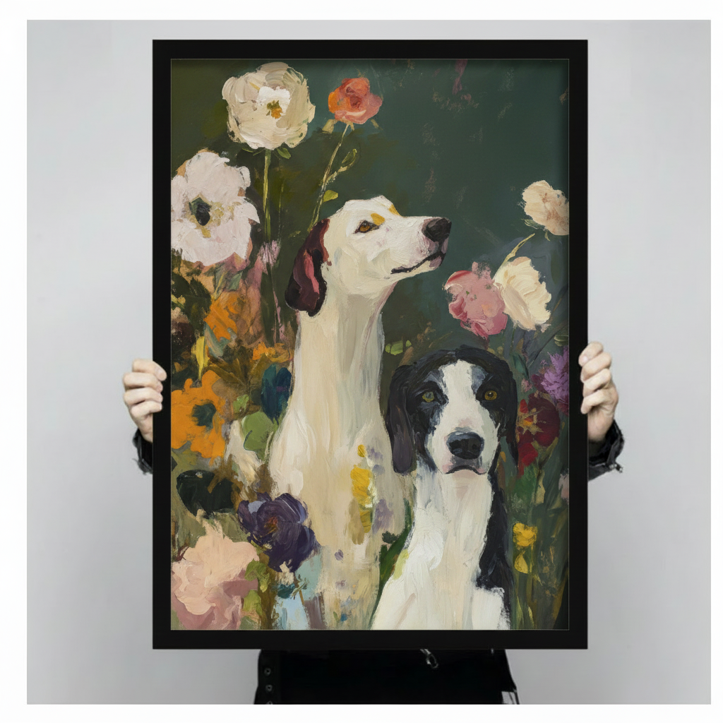 Close-up size reference of a black-framed art print depicting two black and white dogs with colorful flowers on a deep green background, held by two hands