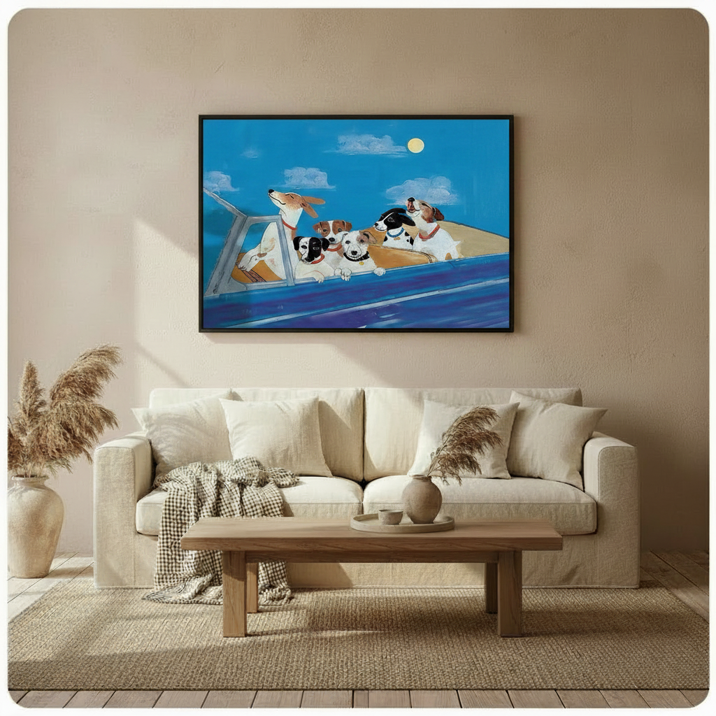 dogs-in-car-framed-canvas-beige-living-room
