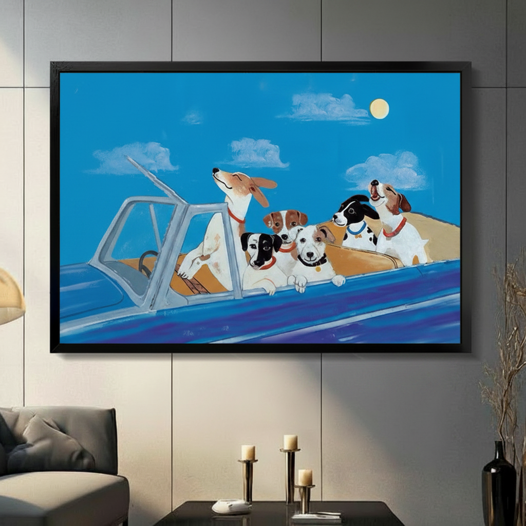 dogs-in-car-framed-canvas-gray-wall