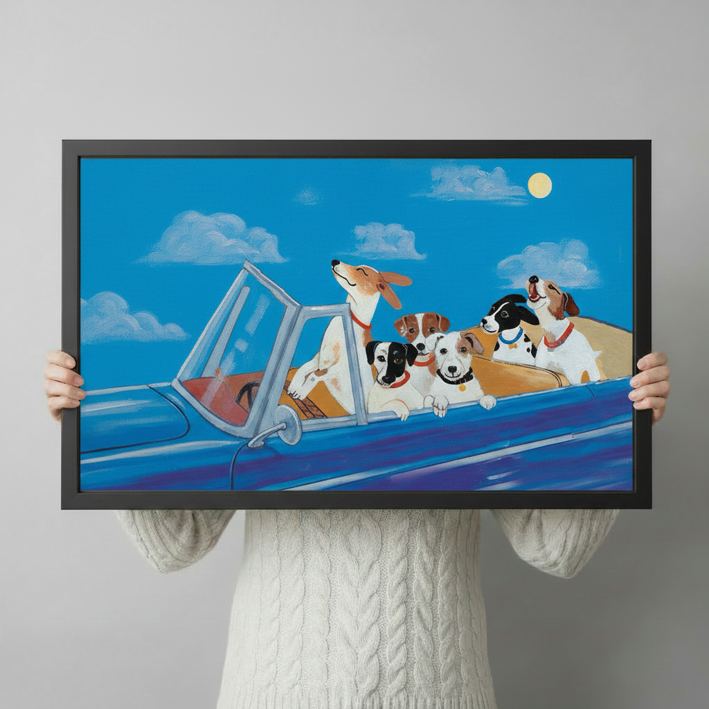 dogs-in-car-framed-canvas-hand-held