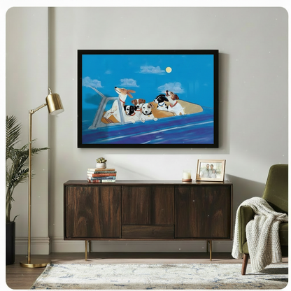 dogs-in-car-framed-canvas-sideboard-gold-lamp