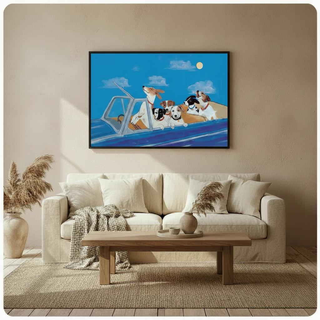 Dogs joyride night illustration canvas print above cream sofa on warm beige wall — playful dog wall art for living room