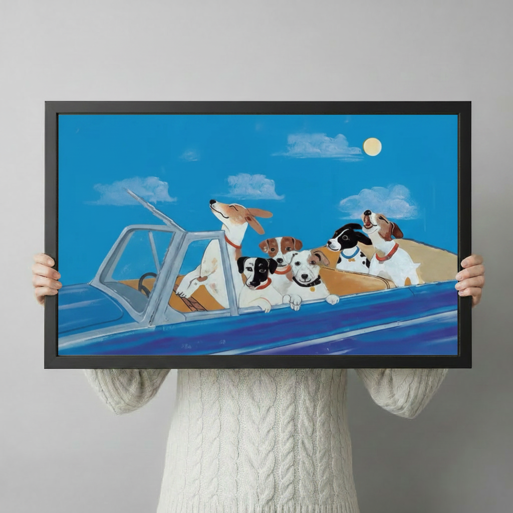 Person holding dogs joyride night canvas print showing frame and print quality — funny dog canvas art gift idea