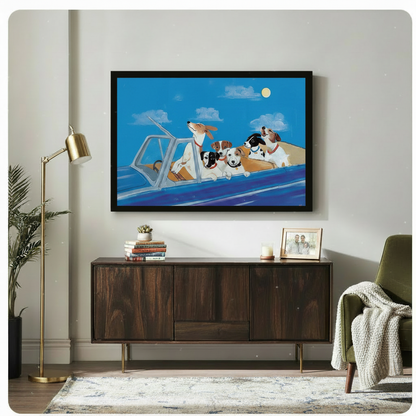 Dogs joyride at night framed canvas wall art displayed on gray wall — vibrant dog illustration print for home decor