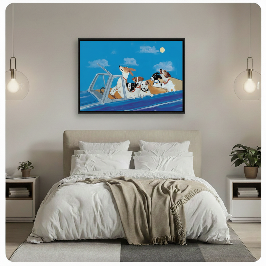 Five dogs in car night canvas print hanging above bed with pendant lights — cute dog bedroom wall art decor