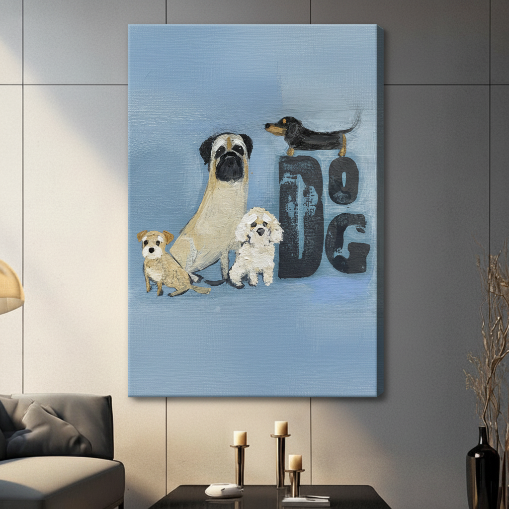 Dogs wall art canvas hung in modern living room – pug dachshund terrier pet portrait painting home decor