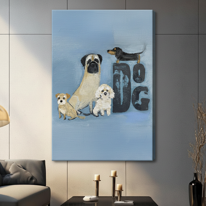 Dogs wall art canvas hung in modern living room – pug dachshund terrier pet portrait painting home decor